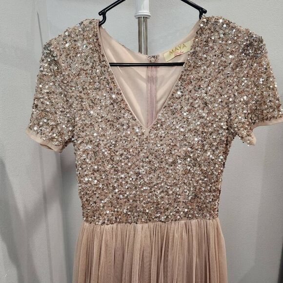 Short Sleeve Maxi Tulle Dress with Sequins in Muted Blush 6 - Picture 2 of 7